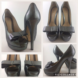FENDI Peeptoe Pumps Metallic Pewter Platforms